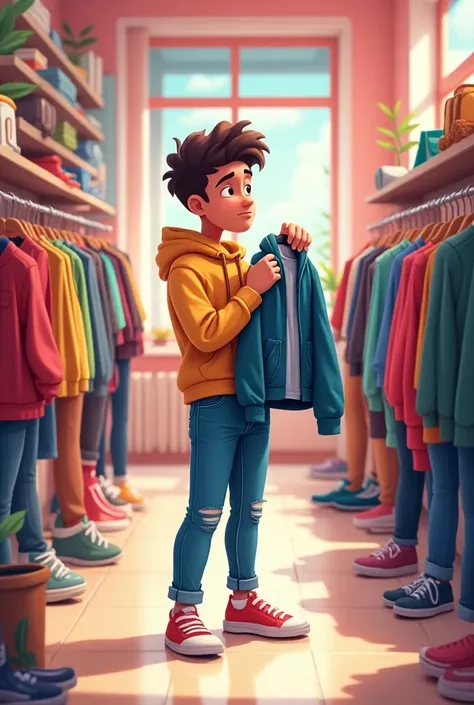 create An animated-style image of a young adult, around 25 years old, standing in a clothing store holding a jacket. The customer is wearing casual clothes—jeans and a colorful hoodie—with a thoughtful expression. The background features racks of clothes i...