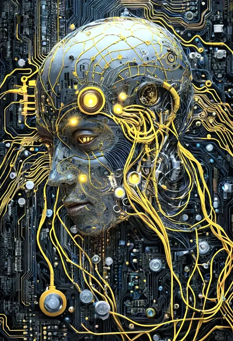 一幅       surrealism 的手绘数字插图展示了一个由无数彩色电线、A      surrealism hand-drawn digital illustration showing a humanoid figure intricately composed of circuit boards and mechanical parts。 The face is very similar to a human ，, but it is certainly true ， is wrapped ar...