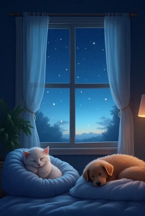 Sky with stars through the window ,  s and dogs sleep in their cribs, 