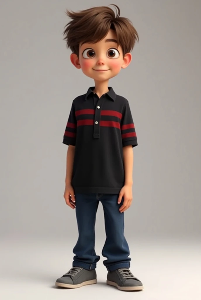 A boy 12-year with brown hair wears a black shirt with dark red stripes, dark blue pants , and gray shoes Disney Pixar