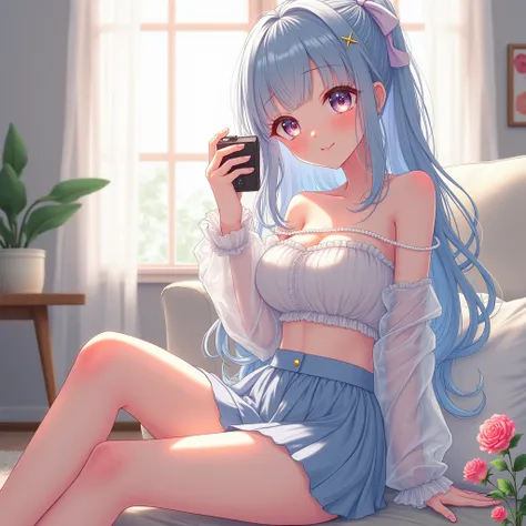 masterpiece,  is the best quality,  extremely detailed, (illustration,  Official Art :1.1),  1 girl at home ,(((( light blue long发)))), ,(((( light blue long发)))), light blue hair , ,, long发 ((blush)) , Cute face, big眼睛, masterpiece,  is the best quality,(...