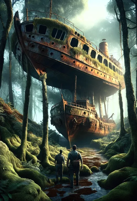 a rusting abandoned ship in a dense forest, highly detailed, 8K resolution, photorealistic, dramatic lighting, grungy atmosphere, overgrown plants, moss-covered hull, peeling paint, rust textures,, menacing glares, dramatic shadows, moody color palette, ci...