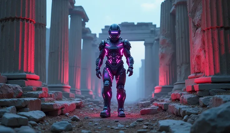 A cyberpunk warrior, clad in neon-lit armor, stands amidst the ruins of a classical Greek temple. The contrast between ancient and futuristic elements creates a visually striking image perfect for sci-fi and gaming industries.