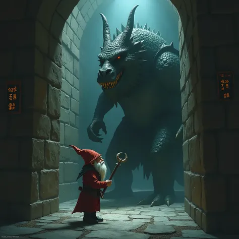 A dark fantasy scene of a gnome standing awkwardly in a dimly lit stone elevator, with a towering dragon-like creature standing next to him. The tension is palpable as the gnome avoids eye contact, clutching his magical staff nervously. The walls of the el...