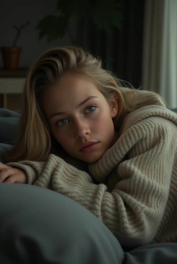 A young blonde woman with delicate features ,  wrapped in a blanket up to her chin ,  lying on a couch, sideways, drowsiness,  with her eyes open looking at someone 