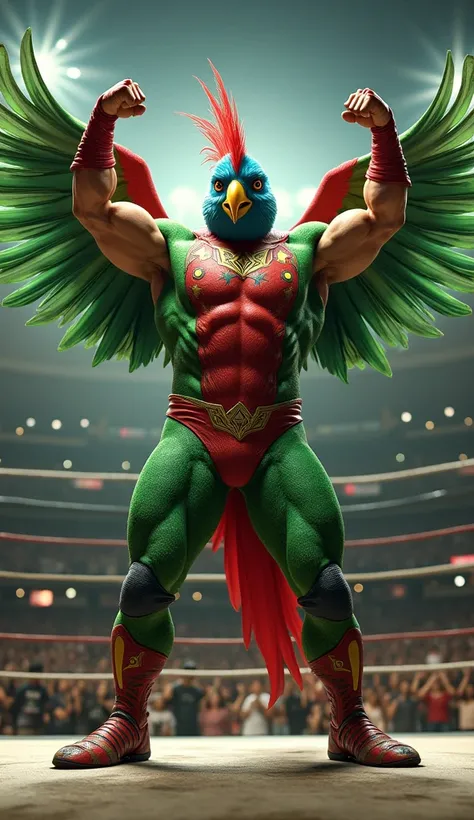 Imagine a vibrant quetzal ,  suit with defined muscles like a WWE wrestler. . He wears a green and red ,  flying in a victory pose . He is standing in the ring