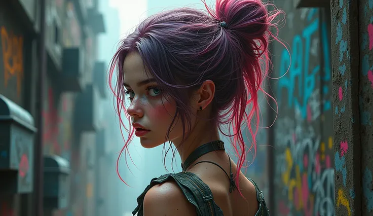 A grittily enchanting nymph, her delicate features a stark contrast to the urban decay surrounding her: dirt-smudged cheeks adorned with ethereal freckles, tangled neon hair cascading over graffiti-covered walls. The digital painting showcases a mix of cyb...