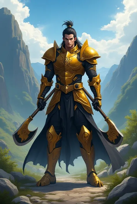  I want to generate a warrior king anime version RPG,  gold armor with black , double sickles 