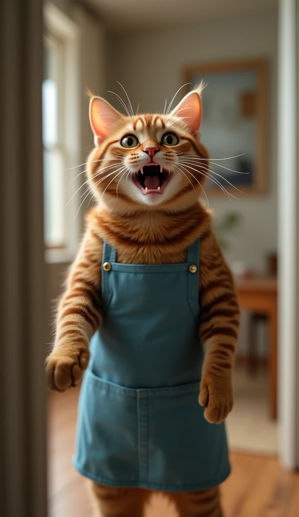 realistic photo, 8k, suddenly came the brown furry mother cat wearing a blue apron is opening the door of the room expression surprised mouth open