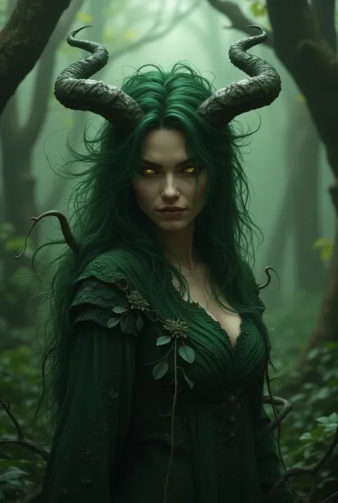 evil driada with green hair and glowing eyes in a forest, realistic, bust, horns, horned clothes