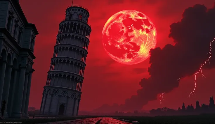 "The desolate Leaning Tower of Pisa tilts under an immense blood moon, surrounded by a dark red sky. The dramatic moonlight illuminates the ancient stone walls, casting deep shadows. On the horizon, an electric storm approaches, with lightning cutting thro...