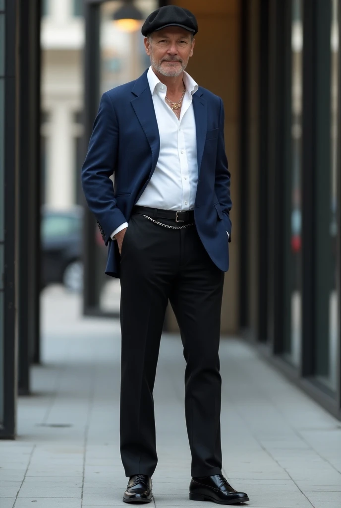 Man wearing black dress pants with blue jacket white shirt down black shoes with black casual beret and a thin silver chain 