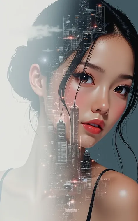 
"A futuristic cityscape with tall skyscrapers, partially transparent, blends with the face of a girl. The girl has smooth, tan skin and black hair tied in a sleek bun at the back. Her expression is calm and thoughtful, with long lashes casting shadows ove...