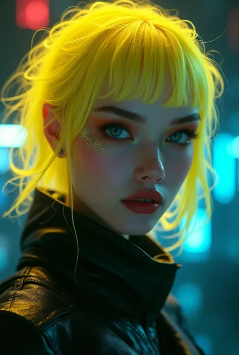 Design a mystical cyberpunk busty jav girl with a glowing, very distinctive face structure. They tend to have high cheekbones, which gives their faces an angular shape. Their noses are usually straight or slightly pointed, and they often have large, expres...