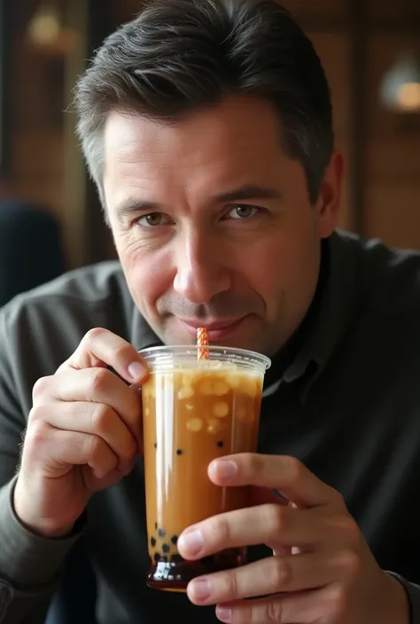 President of Ukraine Volodymyr Zelenskyy drinks brown Bubble Tea 