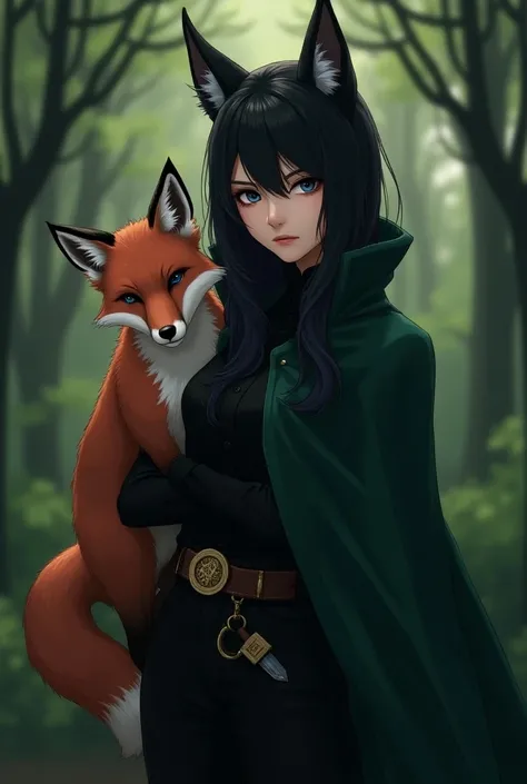  The half-fox is an intriguing figure ,  with black hair fox ears and a black blouse with a collar that goes up to the neck and pants that do not stick to the blouse that allow freedom of movement. A deep green cape ,  made of a soft fabric , wraps around ...