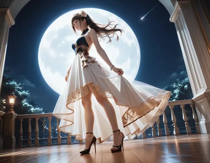 a beautiful model wearing an intricate clack dress, in a fashion show, there are glowing stars on the dress, wearing high heels, it is night time the moon in the sky, fantasy art, 16K, full body, silhouette, from side, Ultra-Wide Angle, retina, UHD, best q...