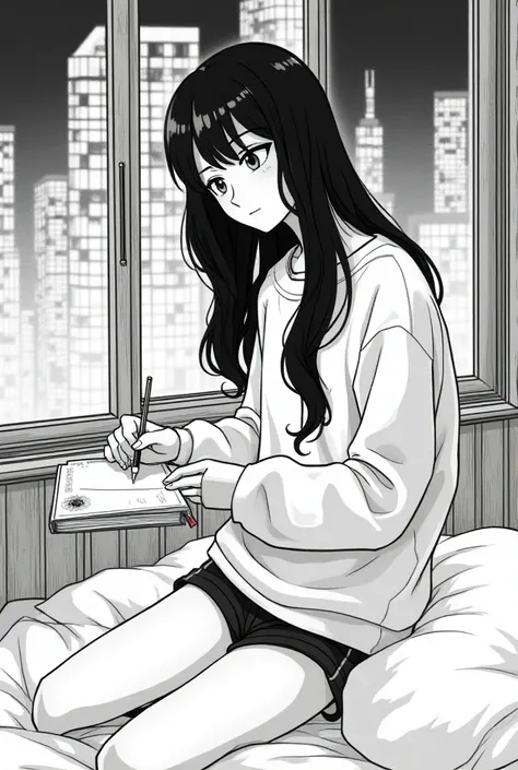 Black and white manga image in studio ghibli style sexy girl in sweatshirt and short shorts sitting on her bed writing in her joirnal in her room and outside her room is shinjuku