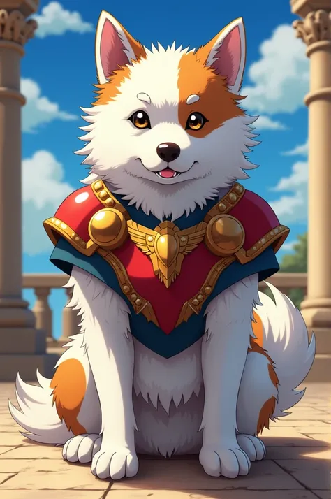 White dog with brown spots wearing Seiya clothing from the Knights of the Zodiac
