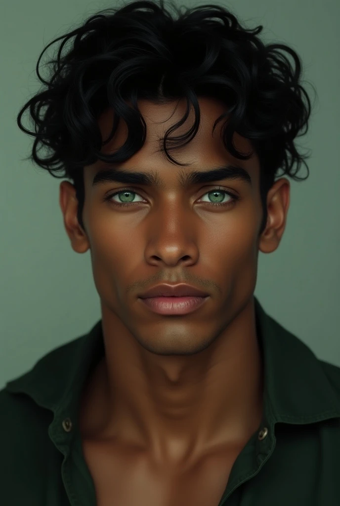 25 year old handsome, male, slightly pointed ears, defined square jaw, clean shaven, sea foam green eyes, deep brown skin, chin-length loose curly black hair, tall muscular build, royalty