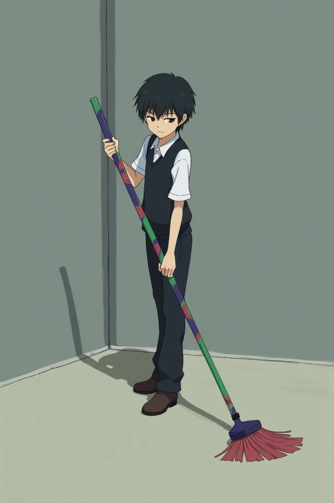 Shinji Ikari sweeping with a green and purple broom 