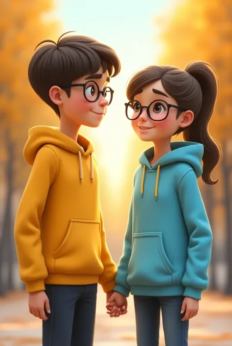 Couples holding hands together , both wear spectacle, boy with yellow hoodie and girl with sky blue hoodie in high level visual animation 