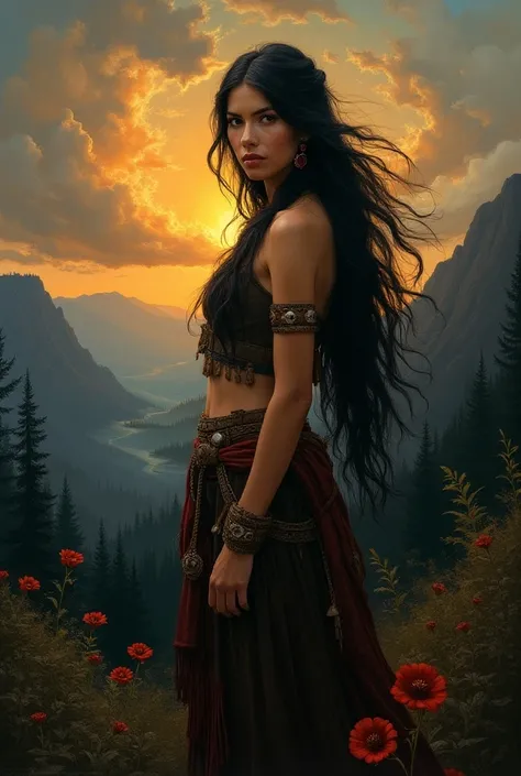 In this evocative oil painting by T Mann, a captivating raven-haired Native American woman takes center stage, emanating a dark allure that transports viewers to the mystical landscapes of her ancestral lands. The woman, adorned with traditional jewelry an...