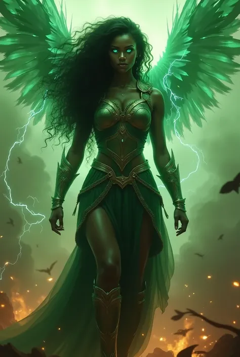  Black woman with long curly hair . Divine green eyes . Wearing divine armor with green winglike aura around you. on the battlefield