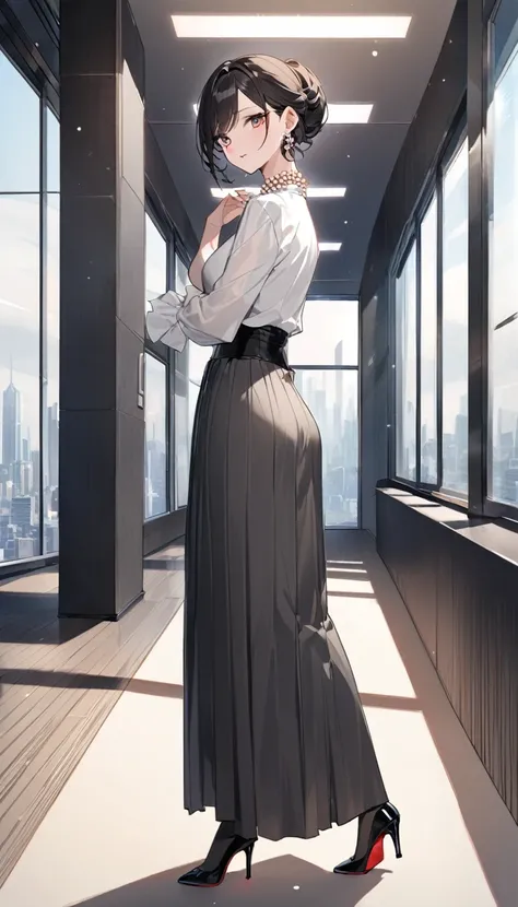 "office lady standing with full authority and unmatched beauty to be bent to her will, 3, height 163cm, business chic , victorian blouse, slender 63cm waist, full 93cm hips, shapely legs, clear fair skin (RGB: 255, 233, 209), oval face with soft features, ...