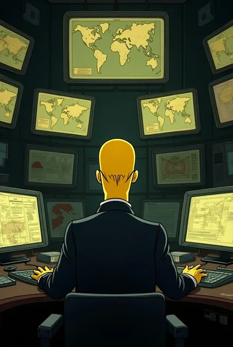  Mr. Burns as leader of  "The Yellow Hand ":  Burns revealed as the dark leader of the global organization ,  in a room full of screens showing global crises such as wars and disasters.