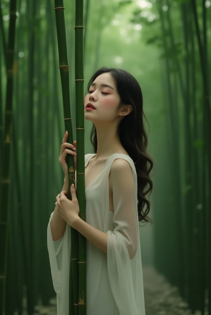 Woman hugging bamboo