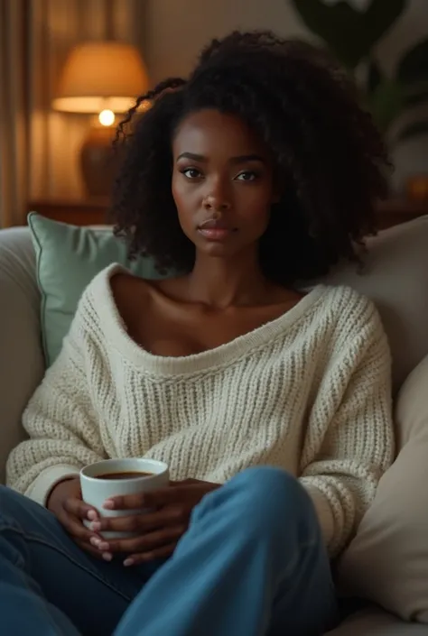 Beautiful black woman with bright blue eyes ,  in casual clothes sitting on her couch drinking coffee.