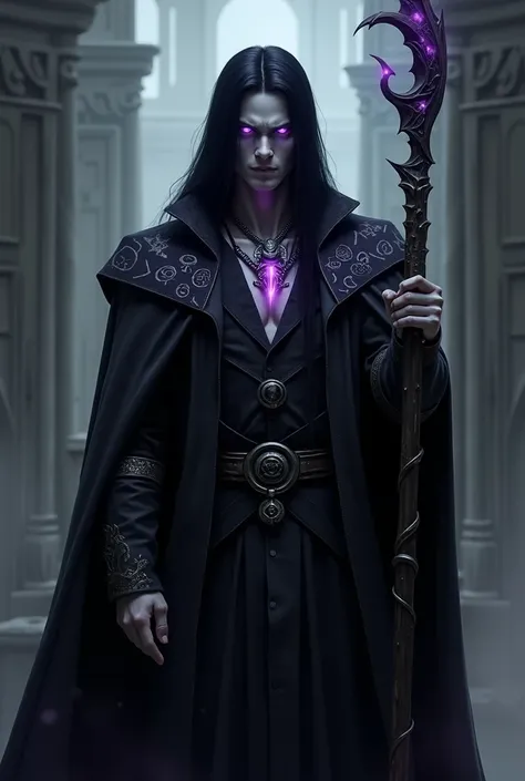 Create an imposing and dark man character called Lord Malakar. He is tall and slender, with an intimidating presence. His eyes are a deep purple, almost hypnotic, emanating an arcane glow. Her hair is long, straight and black, falling over her shoulders. M...