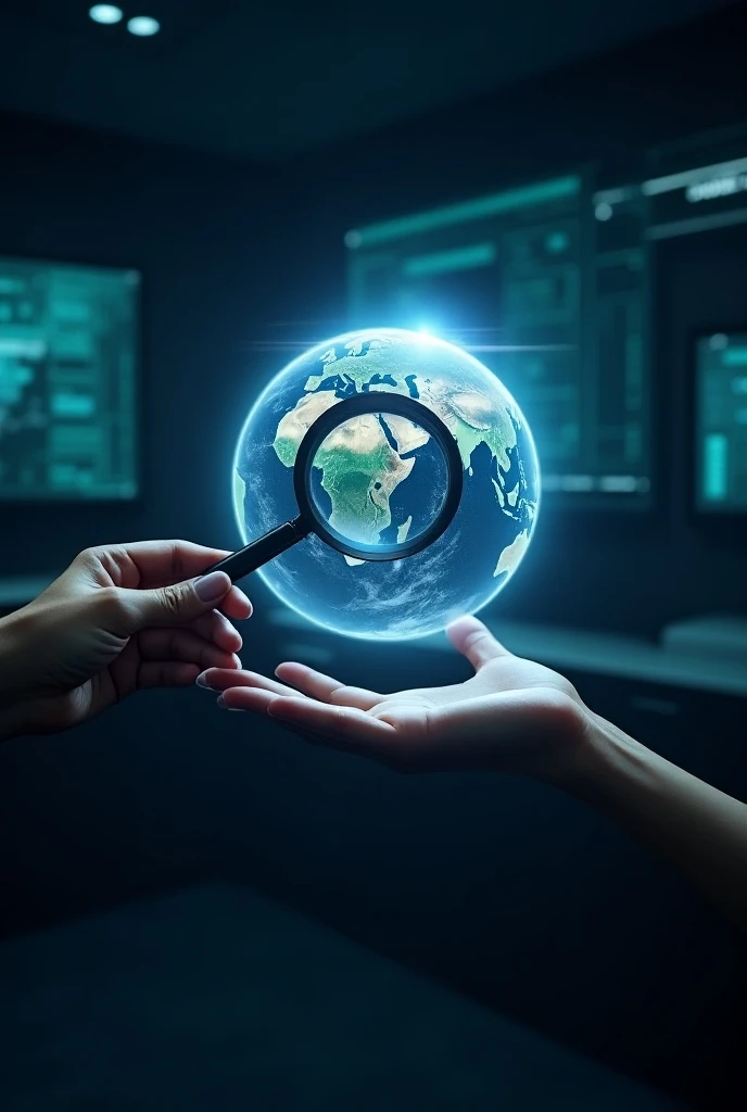 one hand holding the large hologram of the Earth and the other hand holding a magnifying glass above the Earth