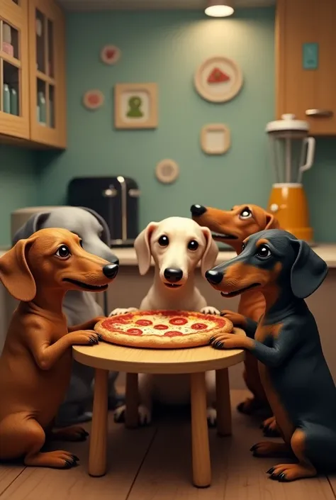 Dachshunds eat pizza with appliances at a small table
