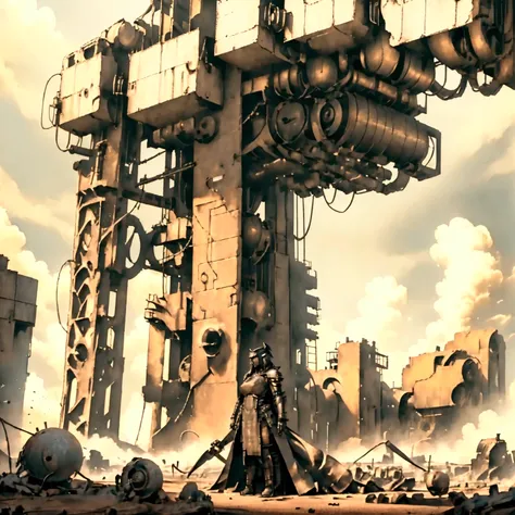  a huge steel machine ,  Complex and precise gear structure ,  steampunk style, steam,  Metallic luster , Strong light and shadow contrast , Rich details, Full of power, sci-fi futuristic ,  Huge shadows cast on the ground ,  Surrounding the ground {x} are...