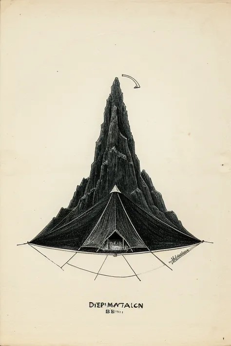 A cartoonish drawing of a deceptive black mountain with a tent at the top and the circumference of the image is circular