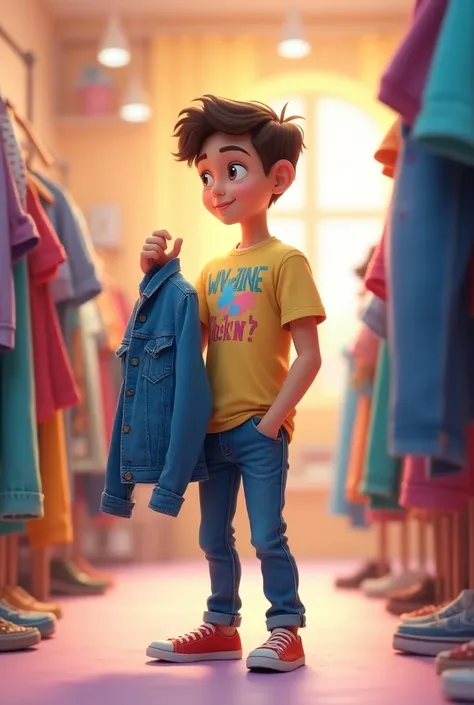 create create An animated-style image of a young adult, around 27 years old, standing in a clothing store holding a jacket. The customer is wearing casual clothes—jeans and a colorful t-shirt—with a thoughtful expression. The background features racks of c...