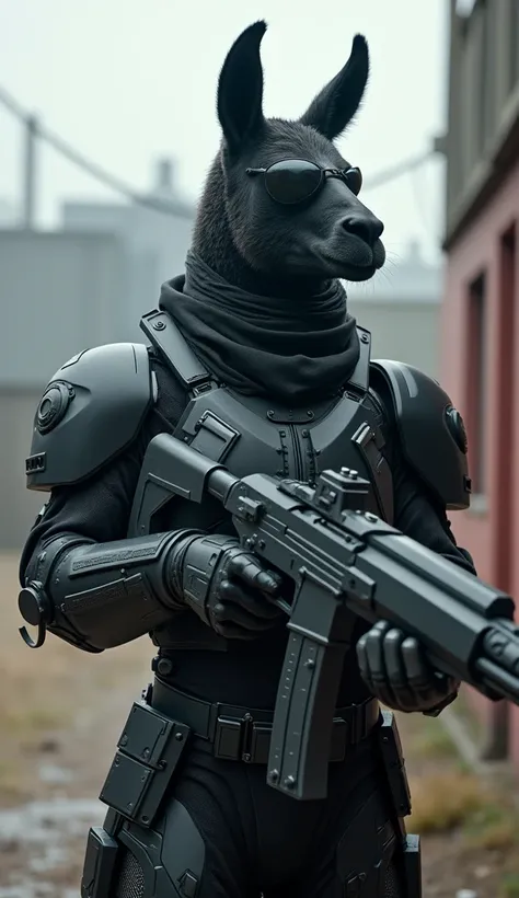 humanoid llama ,  with black cyberpunk armor ,  aiming with a futuristic machine gun, with eye patch.  INSIDE A MILITARY BASE .  HES INSIDE THE MILITARY BASE.  blurry cyberpunk style background 