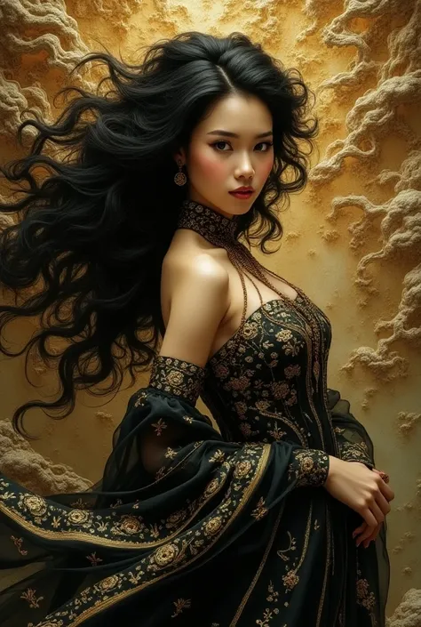 Create a captivating visual of a girl wearing an exquisite ivory gold style ensemble... Her attire combines a rich palette of black and gold.., Create a gorgeous and timeless look. Surround her with intricate fractal art patterns that come to life., adding...