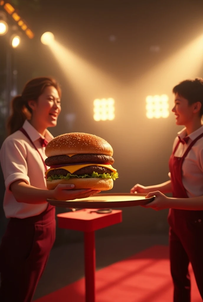 realistic image, many details, best resolution, 8k, 4K,   hamburger banner written in 3D “FOODFLIX” ,  double crossed spotlight banner  , red ribbon element  , Hollywood movie set , The emotions of the playfully serving the burger