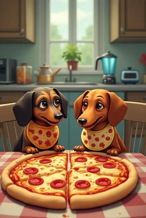 Dachshunds at the table eat a lot of pizza with appliances and bibs

