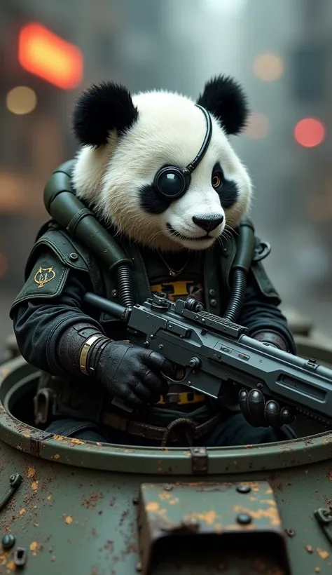 humanoid MALE PANDA , with cyberpunk ,  aiming with a futuristic machine gun, with eye patch.  INSIDE A MILITARY WAR TANK .  HES INSIDE THE MILITARY WAR TANK.  blurry cyberpunk style background 