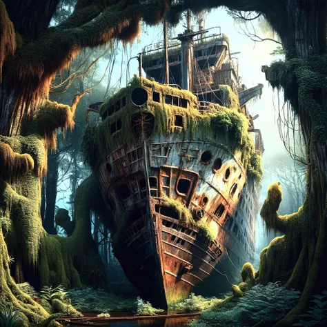 a rusting abandoned ship in a dense forest, highly detailed, 8K resolution, photorealistic, dramatic lighting, grungy atmosphere, overgrown plants, moss-covered hull, peeling paint, rust textures,, menacing glares, dramatic shadows, moody color palette, ci...