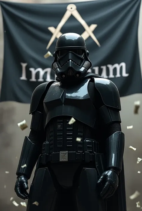 Black Stormtrooper from Star Warrior , stands against the background of Masonic symbols, at the top is a black flag with IMPERIUM written in white letters from the sky. Money is falling from the sky, not many cupcakes .