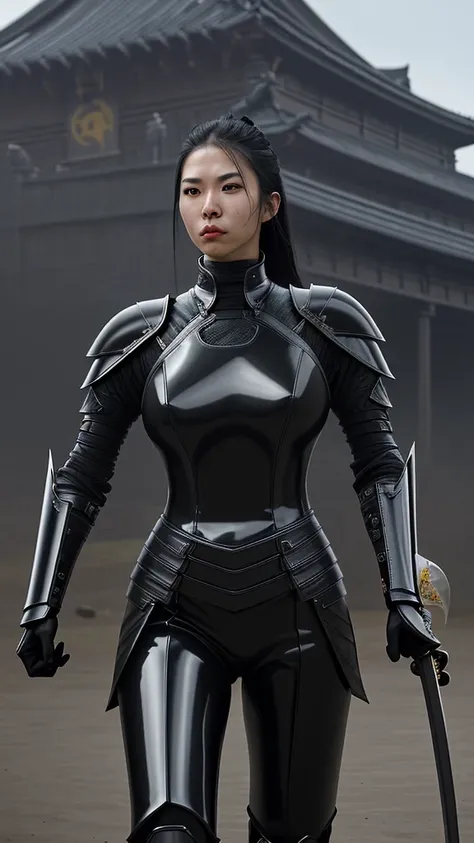  Create a scene featuring a futuristic warrior in a sleek black latex armor ,  stands confidently in the historical background .  The warrior holds a katana and has a full expression of determination , ready to carry out the mission .  The contrast between...