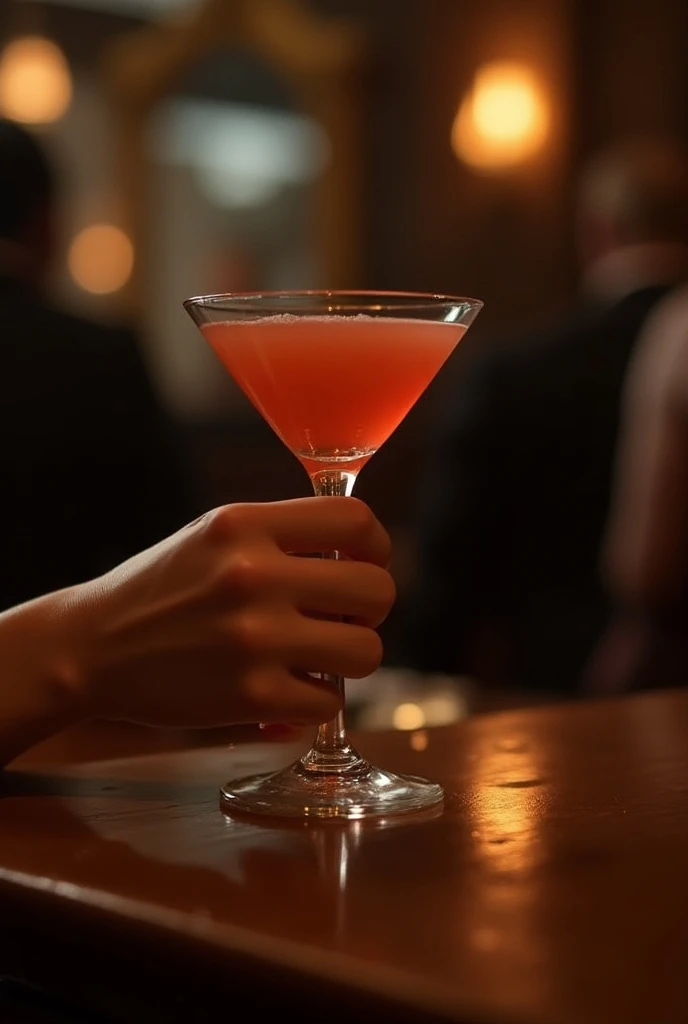  Only Hand of a girl holding a cochtail, in a bar, on a table, high quality, Night