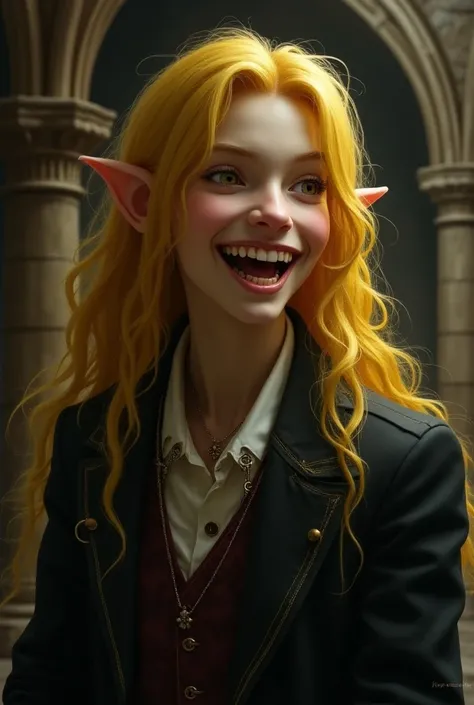 Smiling vampire elven man with vampire teeth middle ages , long yellow hair