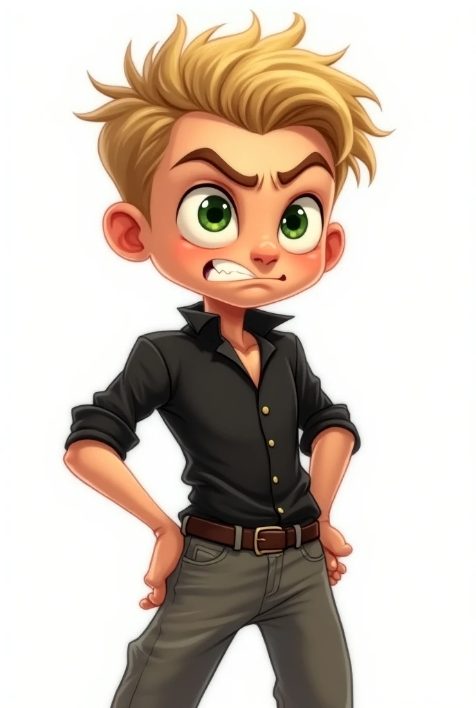 Disney 2D cartoon young man 
drawing 
1 . **Character with wavy blond hair green eyes This character has light hair and is wearing a black blouse with a high collar seems to be showing his butt angrily saggy pants