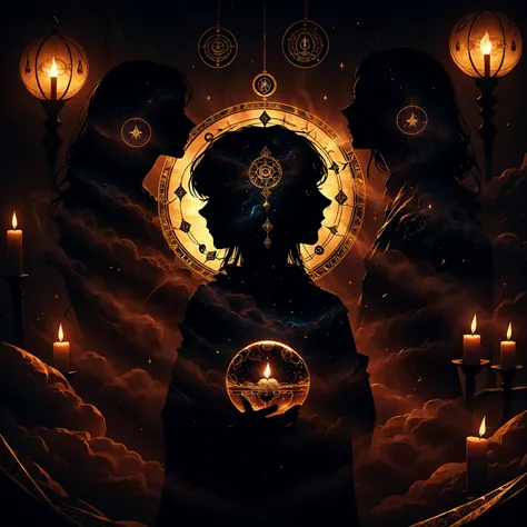 a female astrologist divining in an occult divination chamber, horoscope floating in the room, (silhouette art), cinematic lighting, highly detailed, 8K, photorealistic, dramatic lighting, moody atmosphere, rich colors, mystical, occult, esoteric, elegant,...